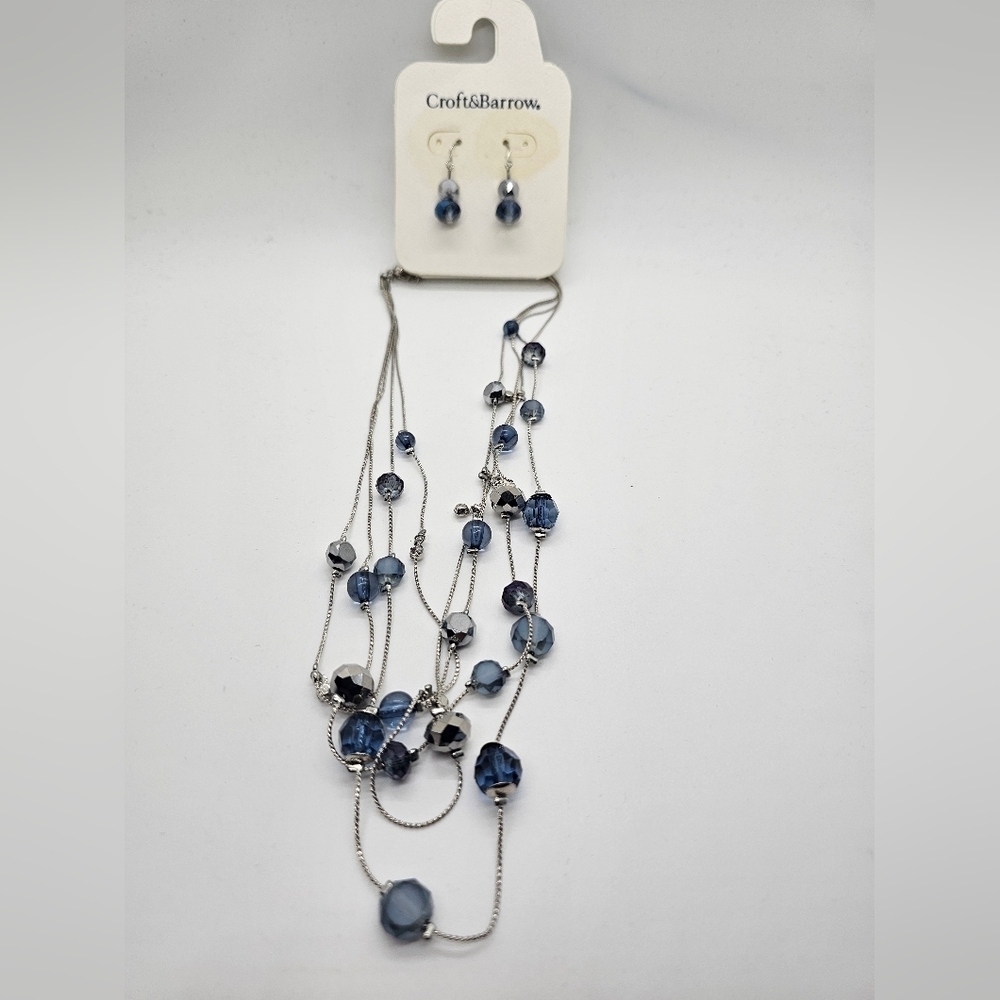 Croft&Barrow Elegant Silver tone and Blue Beaded Necklace and Earrings Set